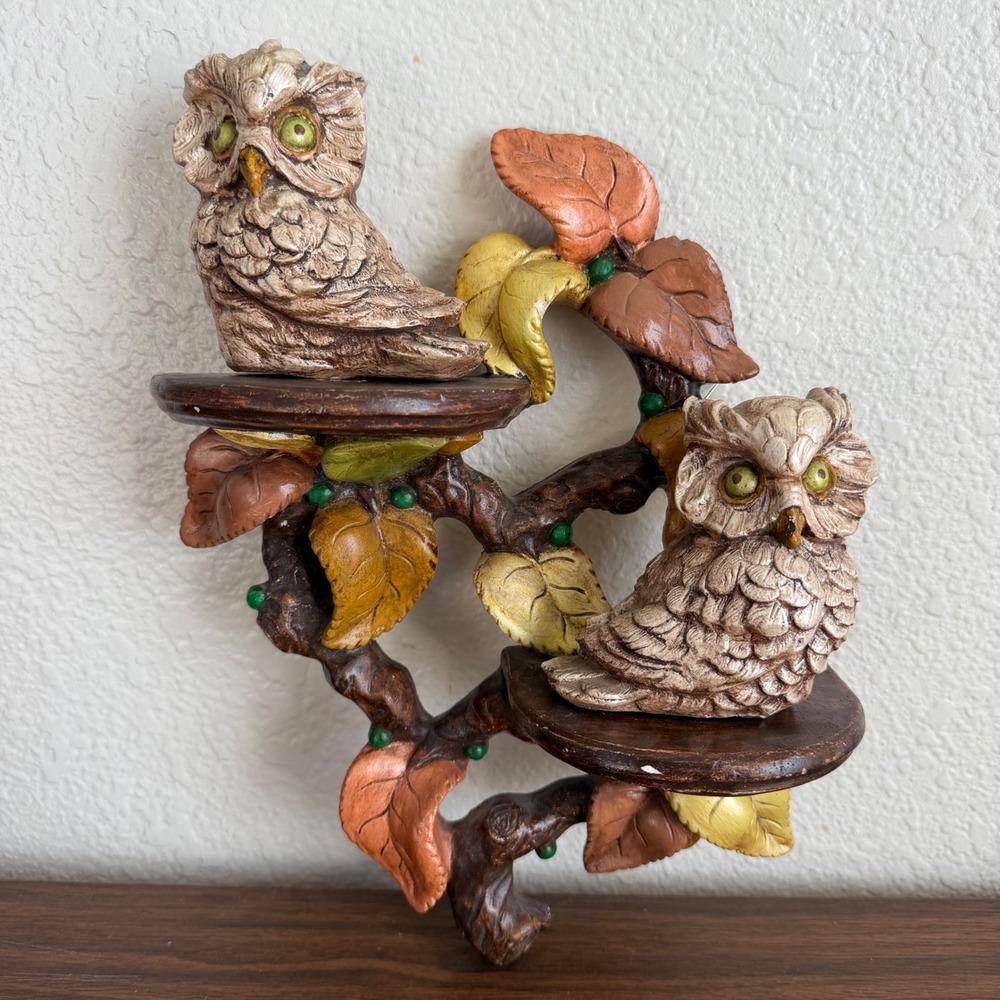 Vintage Owl Branch Wall Shelf Faux Wood Resin MCM Decor Brown Autumn Leaves Boho